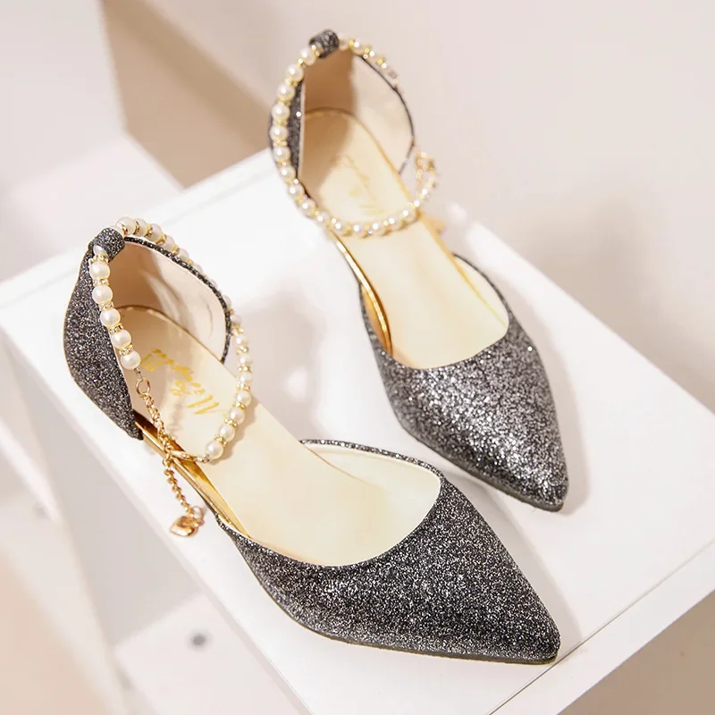 Sexy Pointed Toe Pearl High Heels Shoes Female Fashion Hollow with Sandals Paillette of The Thin Breathable Shoe Women Pumps