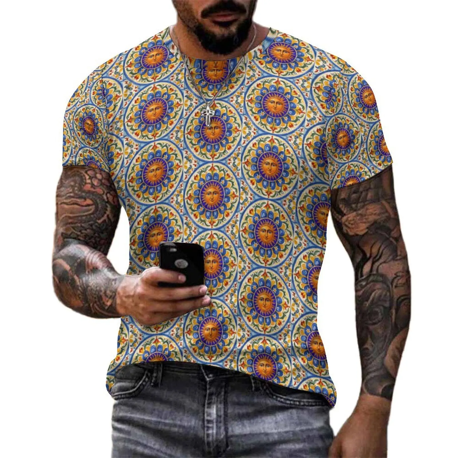 Man Retro Majolica Sun Tile Print T Shirt  Harajuku T Shirts Short Sleeve Graphic Tops Cheap Summer Streetwear Oversized Tees