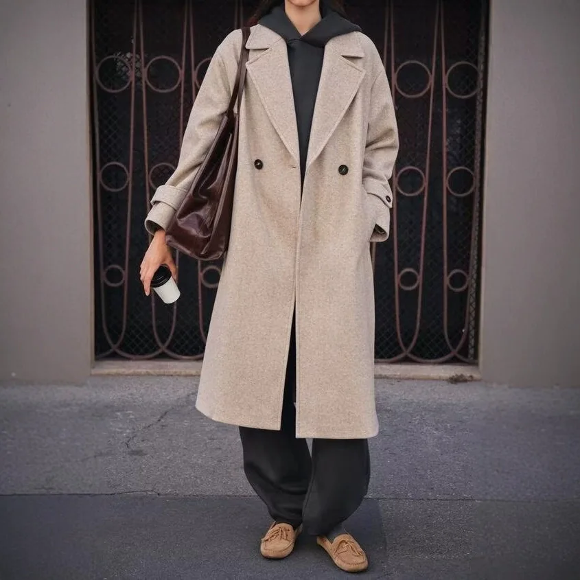 Autumn New product women's fashion temperament casual long sleeved lapel mid long loose jacket coat