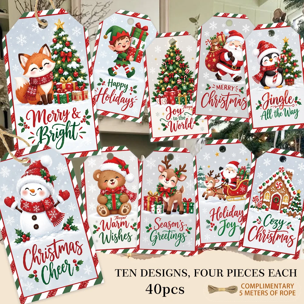 40pcs, Gift Tags, Red Green Stripe Cartoon Xmas, Hanging Paper Labels for Gift Wrapping, Holiday Party Decor with String
