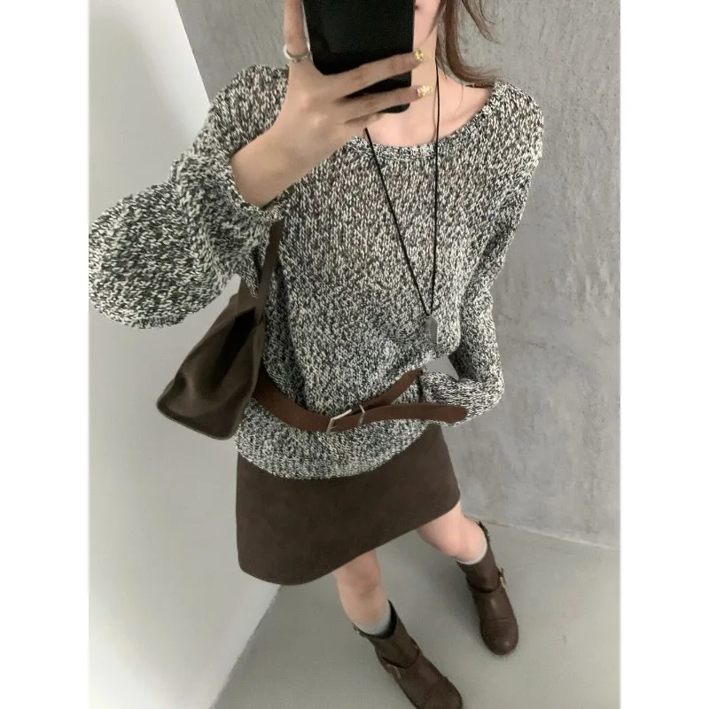 Nuovo maglione versatile alla moda autunnale per donna maglione pullover girocollo ampio da donna con cintura