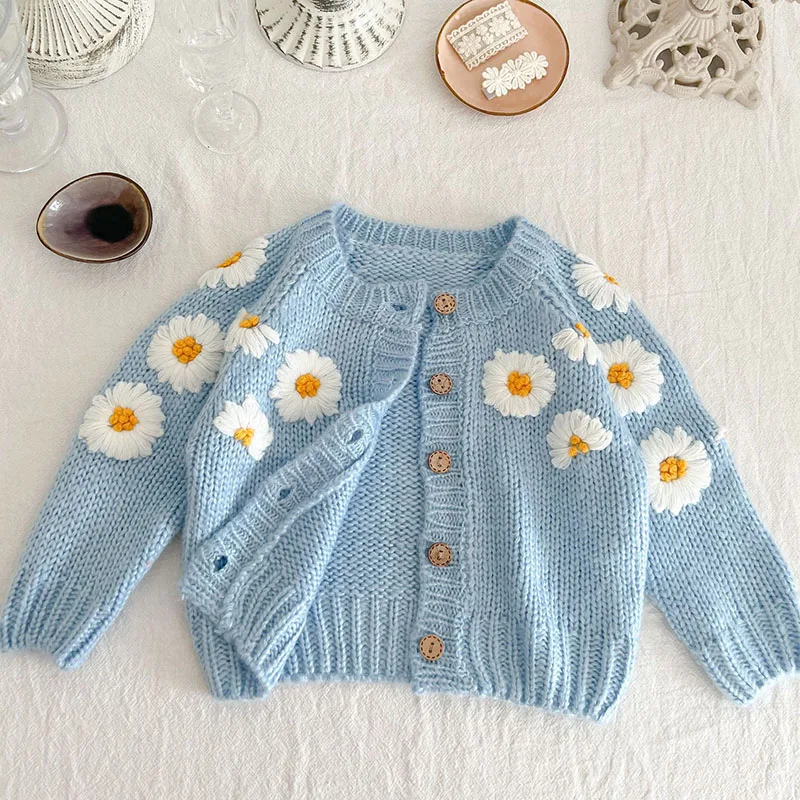 Toddler Baby Girls Sweater Coat Handmade Flower Embroidery Infant Baby Girl Knitting Cardigan Autumn Spring Baby Girl Clothing