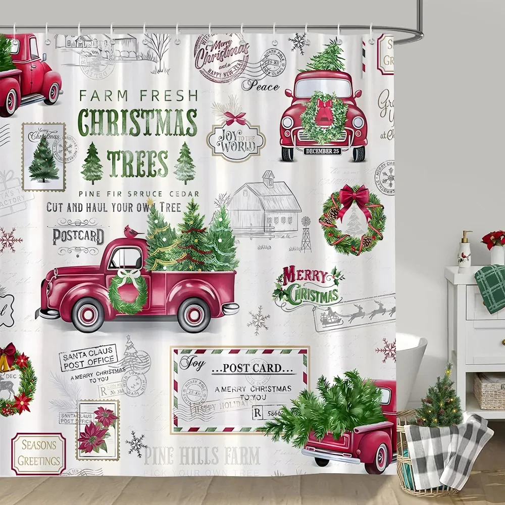 Christmas Tree Truck Garland Shower Curtain Holiday Gift Snowman Forest Deer Polyester Shower Curtains Bathroom Decor with Hooks