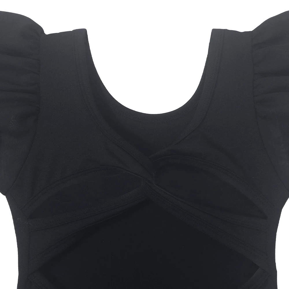 Dziewczęce czarne trykoty baletowe z falbankami, krótkie rękawy, stroje gimnastyczne, odkryte plecy, body do ćwiczeń gimnastycznych, kostium do treningu.