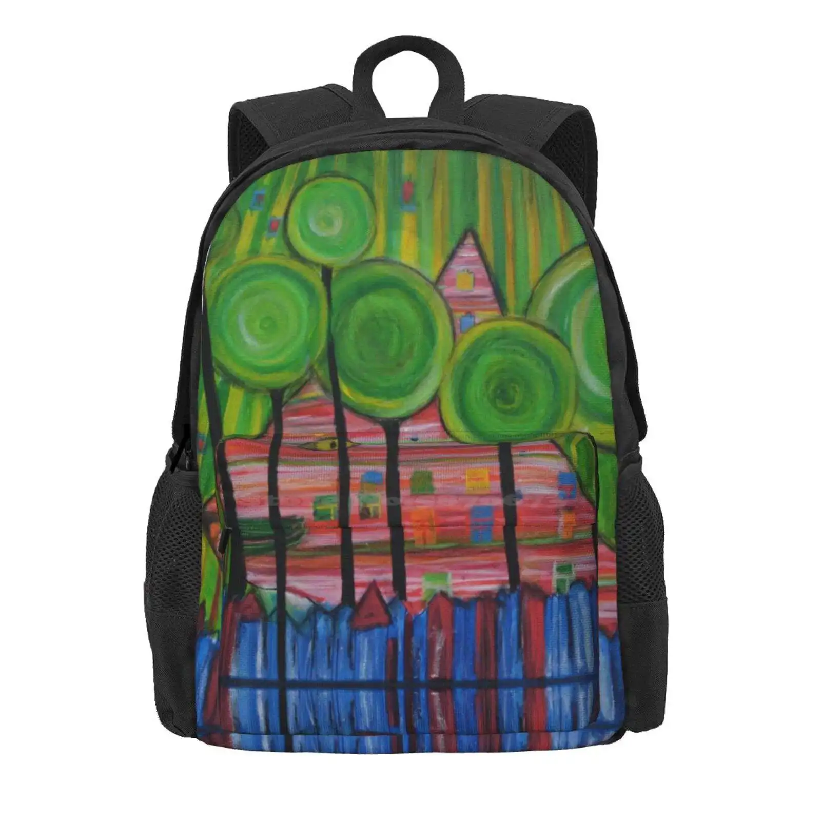 Hunderwasser Cat Hot Sale Schoolbag Backpack Fashion Bags Catsand Hunderwasser Misappropriation Board Colors Artist Green Blue