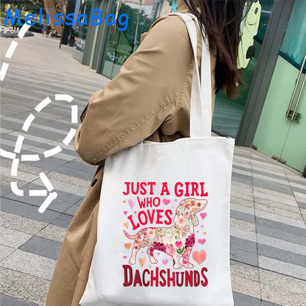 Cute bassotto Puppy Dog Mom Floral Silhouette Funny Cartoon Hippie Dog Lover Heart Gift Canvas Shoulder Tote Bag borsa in cotone