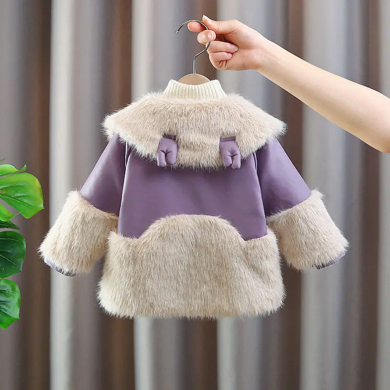 Winter Warm Long Jackets Purple Cotton Coats Cute Girls Baby Plus Velvet Thick Kids Artificial fur Lapel Outerwear Children Coat