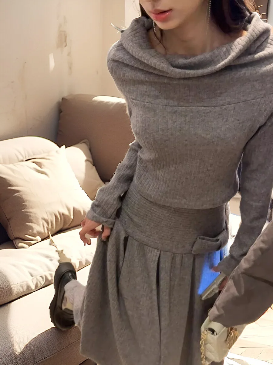 Moda duas peças conjunto de saia feminina roupas cinza slash neck fora do ombro pullovers cintura alta saias longas roupas casuais terno de malha