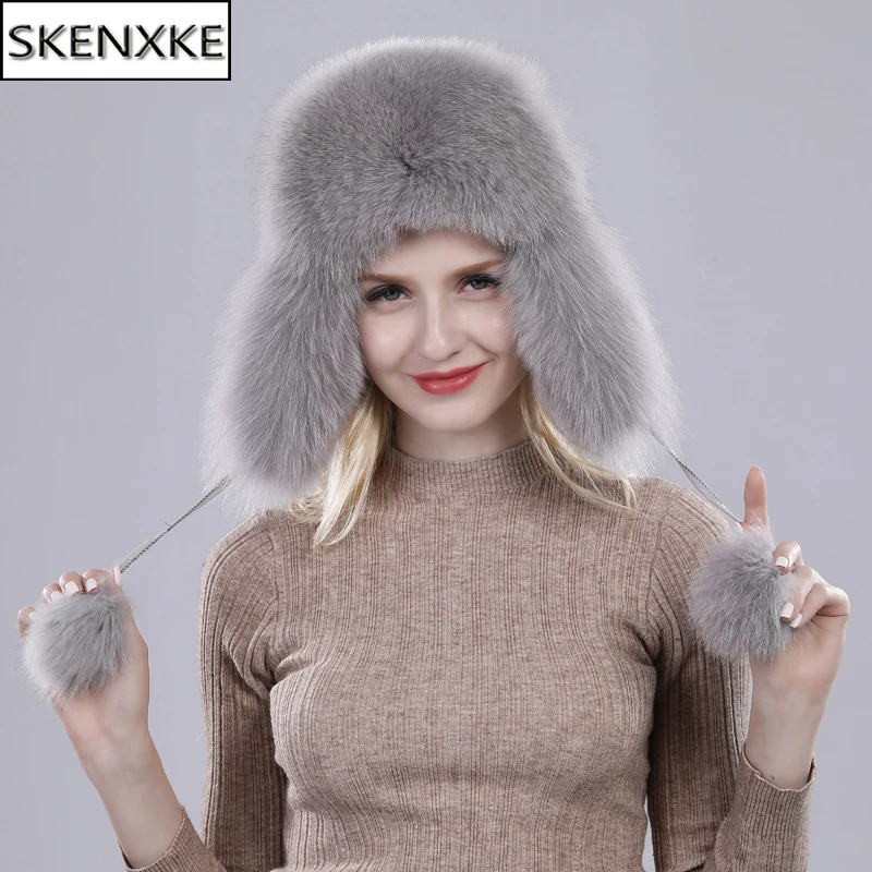 

2024 100% Real Fox Fur Hats Women's Russian Ushanka Aviator Trapper Snow Skiing Hat Caps Earflap Winter Raccoon Fur Bomber Hat