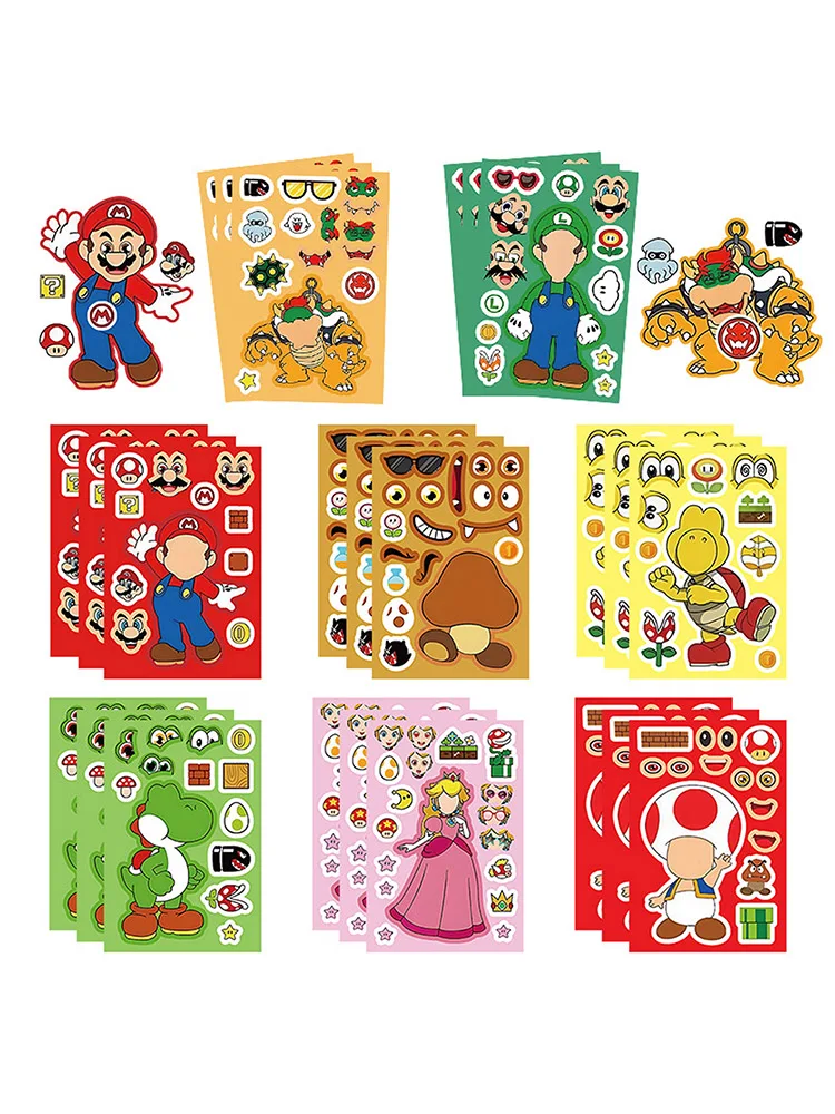 8 feuilles Super Mario Bros Puzzle autocollant bricolage enfants jeux drôles faire un visage assembler décalcomanie Puzzle autocollant enfants jouets cadeau