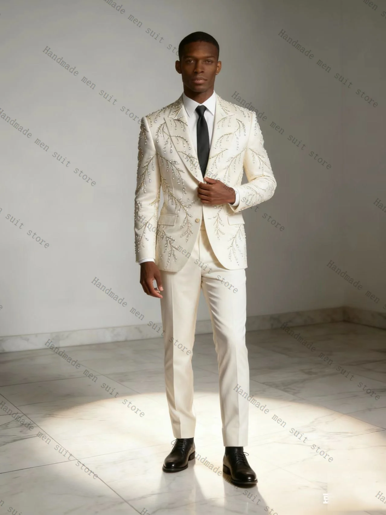 

White Cotton Men Suit Set 2 Piece Crystals Blazer+Pants Prom Wedding Tuxedos Coat Customized Formal Office Fashion Jacket