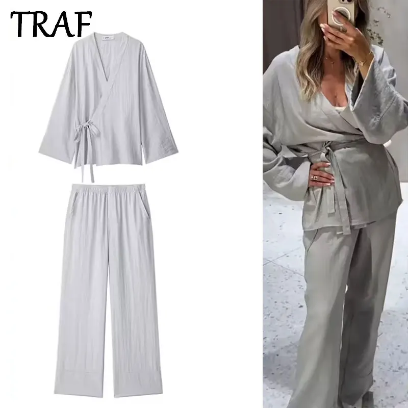

TRAF Woman's Kimono Suit Lace-up Retro Loose V-neck Long Sleeve Cardigan Solid High Waist Pocket Straight Pants Summer New Suit