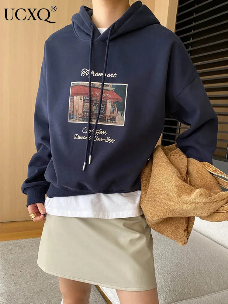 UCXQ Pittura Lettera Stampa Felpe con cappuccio Maniche lunghe Colore a contrasto Coulisse Velluto Pullover con cappuccio 2025 Primavera Autunno Nuovo Z1782