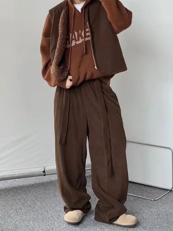 

Мужские широкие брюки из вельвета с поясом, свободного прямого кроя, модные американские повседневные зимние брюки