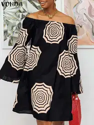 Plus Size VONDA damskie bez sukienka na ramiona letnie kwiatowe w stylu boho nadrukowane Mini Vestidos Vintage dorywczo długie, rozkloszowane szaty z długim rękawem