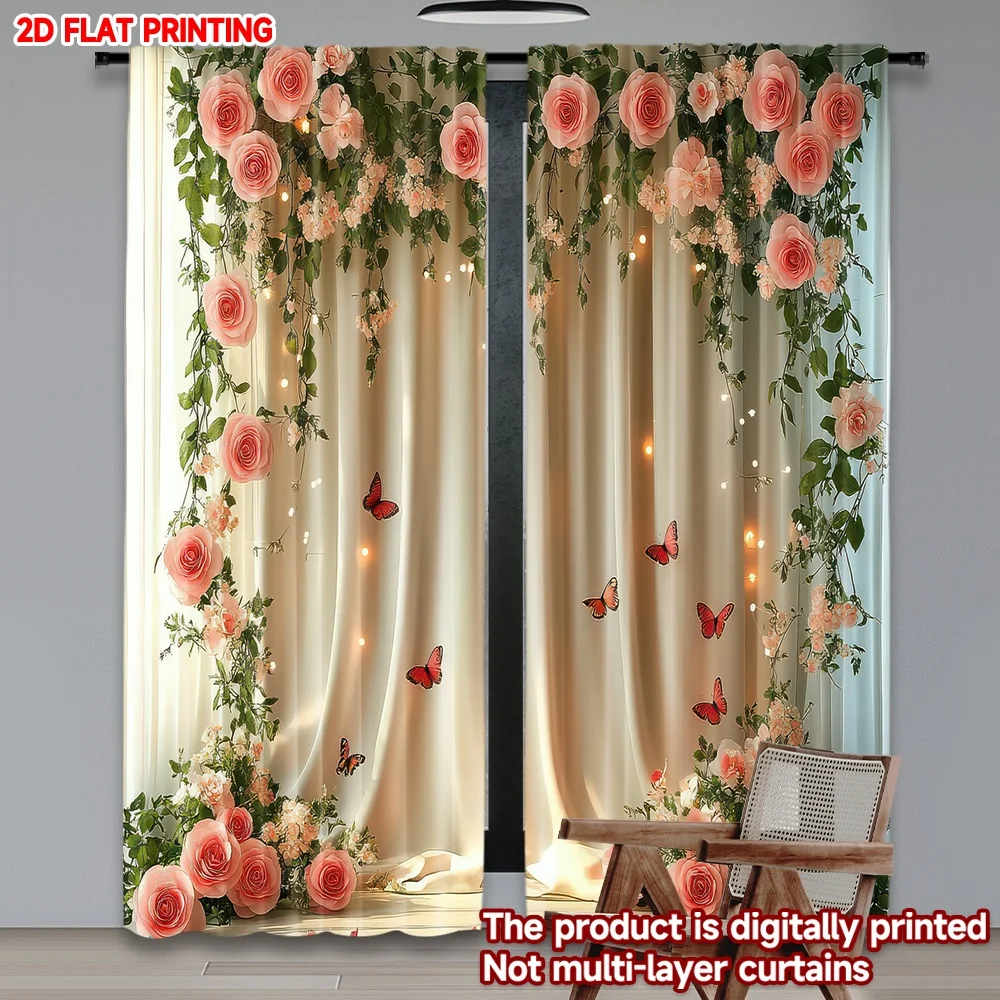 

2D flat printing 2pcs Window Curtains Valentine's Floral Backdrop Digital Printed Polyester Drapes Party Decorations Perfect for