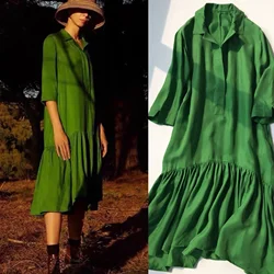 British Niche Style Retro Oil Painting verde splendido e accattivante abito ampio in Spandex di rame smeraldo per le donne