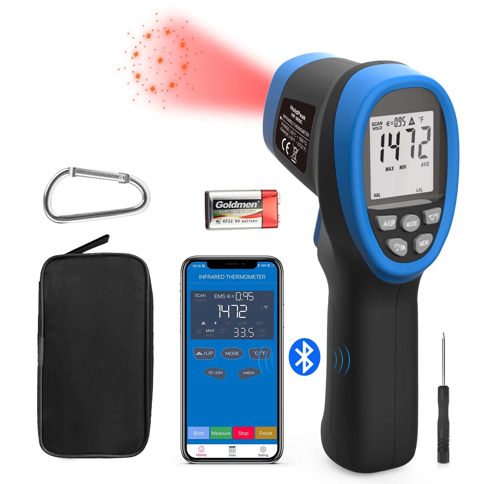 

HoldPeak HP-985C-APP Version Non-Contact Infrared Thermometer Fast Contactless Measurement / Laser Sighting / APP Data Sharing