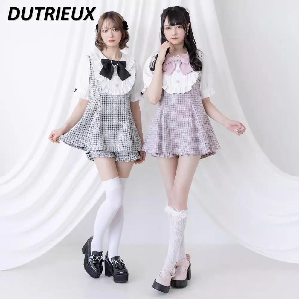 

Japanese Style Sweet Cute Big Bow Tie Puff Short Sleeve Shirt Woolen Patchwork Chiffon Ultra Short Dress + Shorts Two-Piece Set