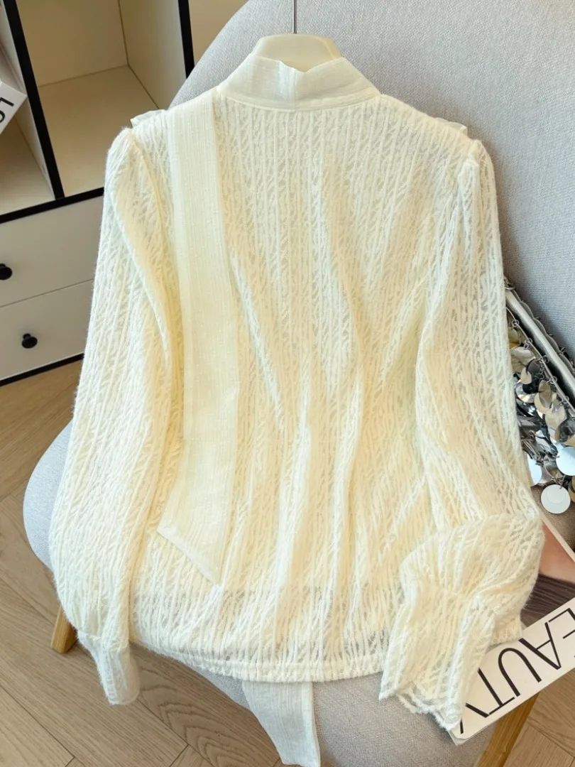 Csa de Manga Larga para Mujer, Forrada de Felpa, con Encaje y Borde Pado, Estilo Informal, para Otoño e Invierno, Ropa ...