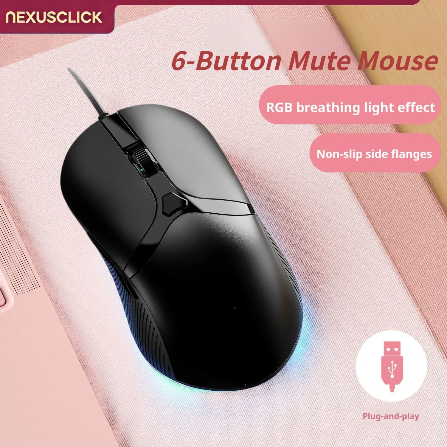 NexusClick Cute Pink Wired Gaming Mouse,Silent Click 3200DPI RGB Backlight Office Mice Ergonomic For Girls Student Laptop PC Mac
