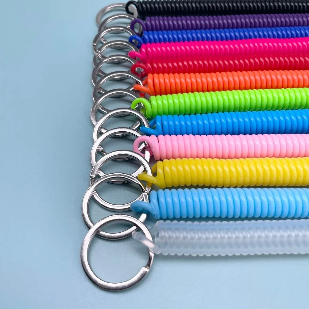 Candy Plastic Spring Spiral Rope Key Chain Retractable Anti-Lost Mobile Phone Cord with Metal Carabiner Holder Straps Keyring