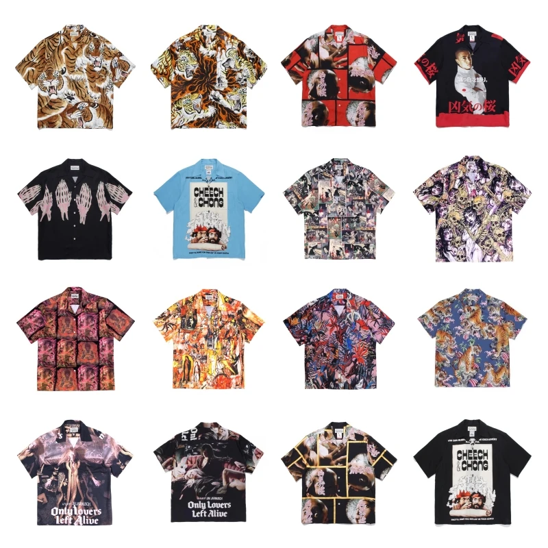 Multicolour WACKO MARIA Shirt Fashion Trendy High Quality Summer Top Shirt Vintage Flip Neck Hawaii Short Sleeve Shirt