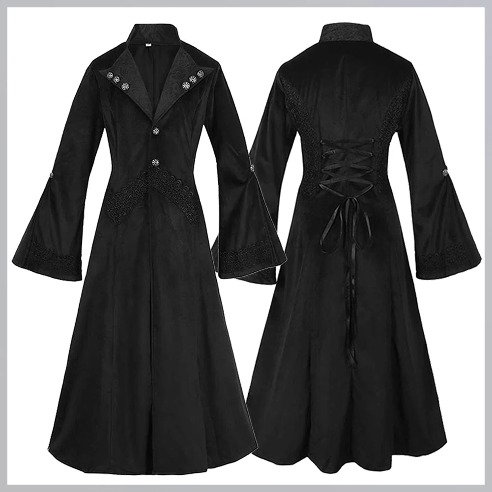 

Women Black Gothic Cosplay Coat Long Standing Neck Windbreaker Stage Performance Costume Female Halloween Carnival Suit
