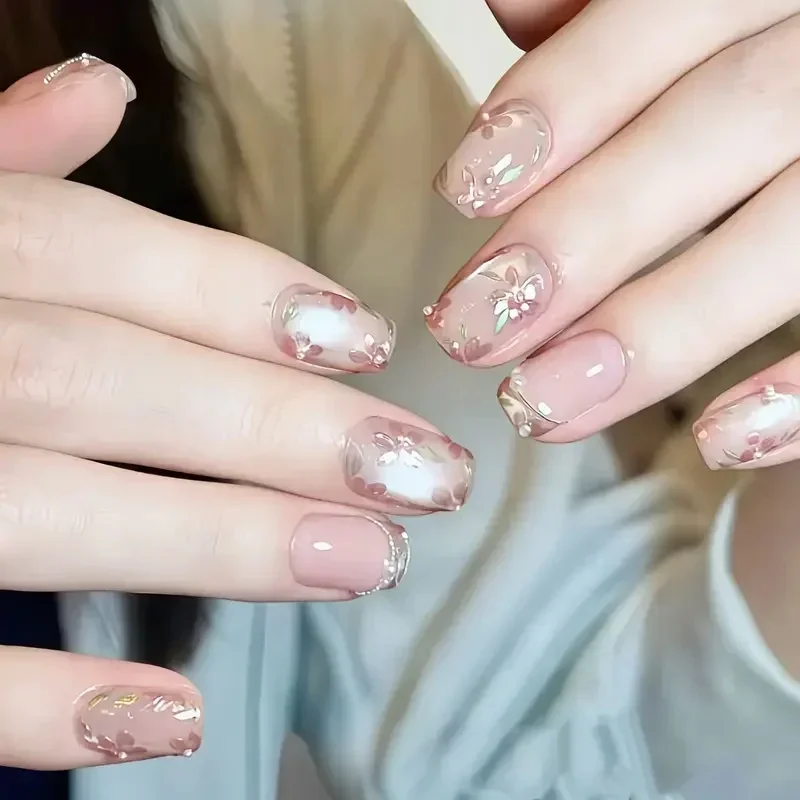 10 pezzi di eleganza floreale fatta a mano per unghie a pressione in stile francese con occhi di gatto e perle scintillanti per donne e ragazze, consigli giornalieri per nail art