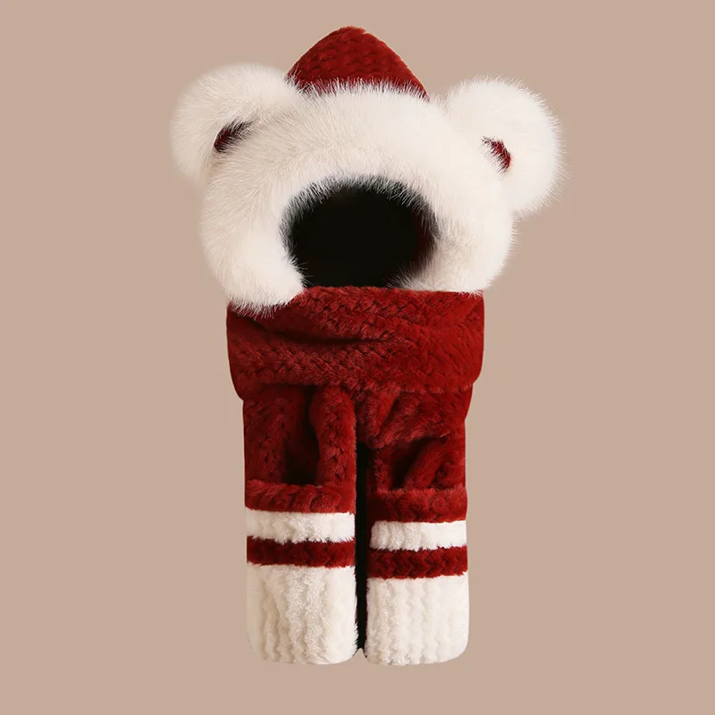 Angola Red Color Little Bear Hut Plüsch verdickte Gehörschutzkappe Damen Herbst und Winter warme einteilige Mütze