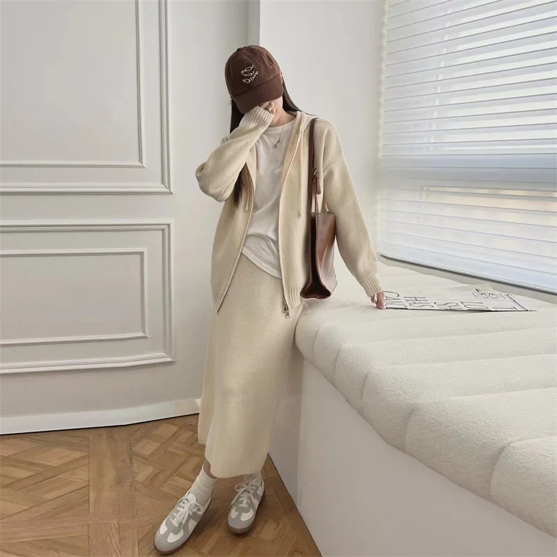 Korean Lazy Style Women Knitted Sweater Casual Set Autumn Winter Hooded Zipper Cardigan Tops Knitwear Long Skirt Two-piece Suit