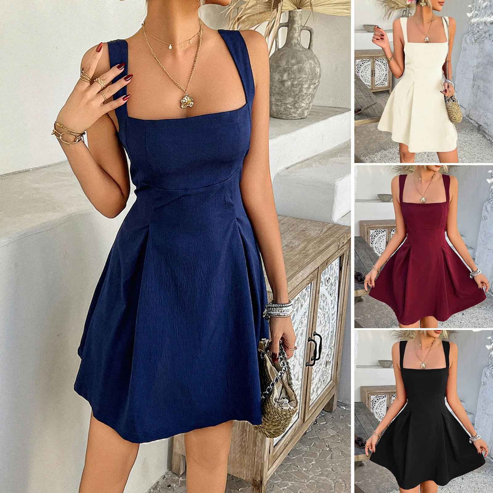 

2025 Spring and Summer New Solid Color dress European and American Elegant Style Solid Color Foreign Trade Strap Skirt Women's C