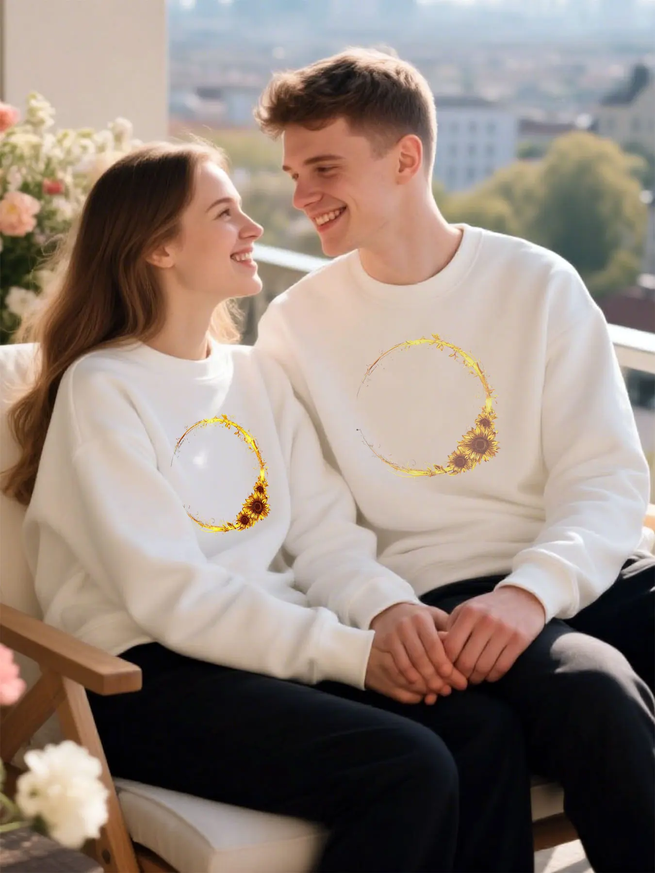Soft Cotton Unisex Crewneck Sweatshirt With Golden Sunflower Ring Pattern Versatile Classic Casual Christmas Gift​