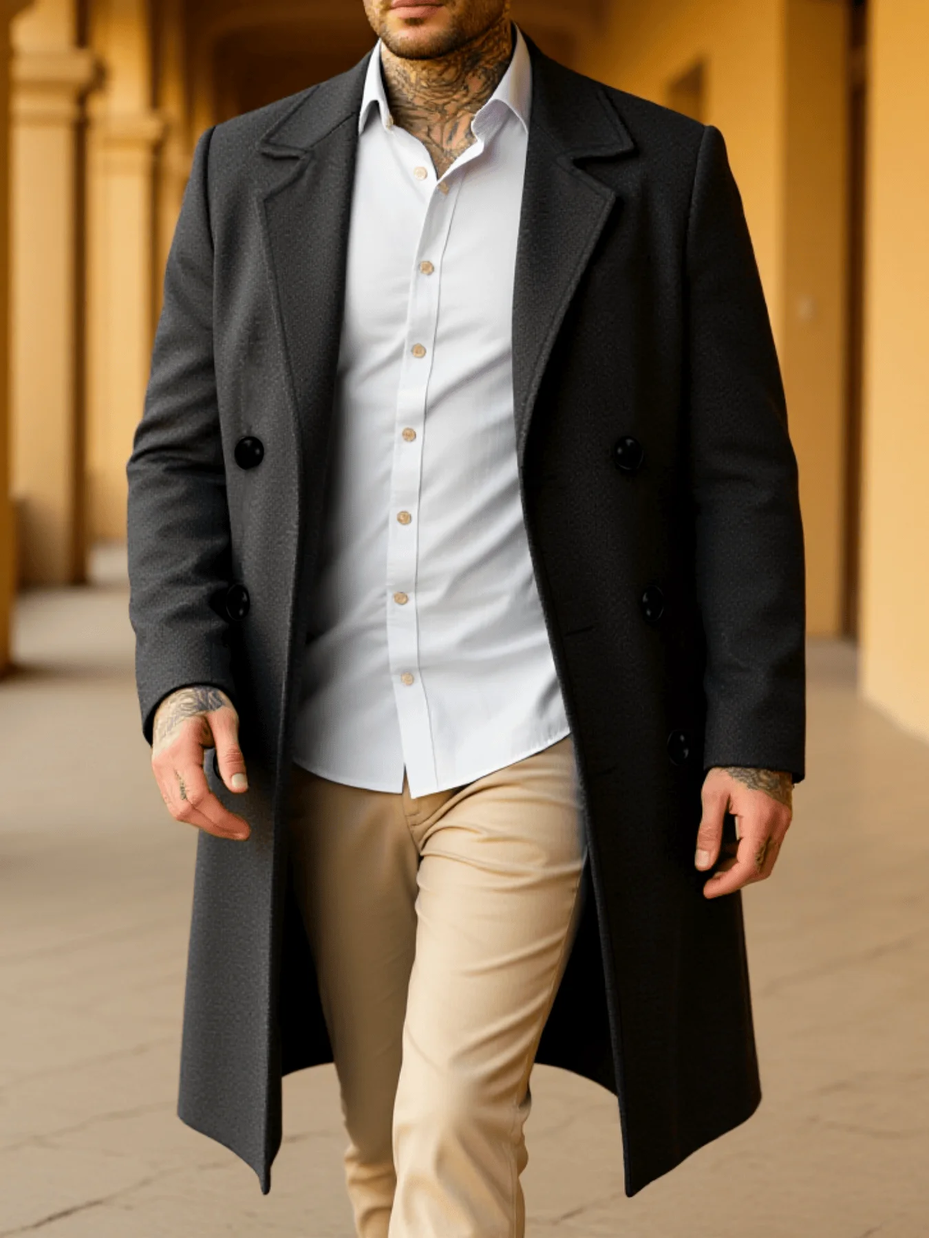 

Casual Men's Woolen Coat Heavyweight Long Jacket Streetwears Male Woolen Trench Coat with Lining Double-Breasted Windproof