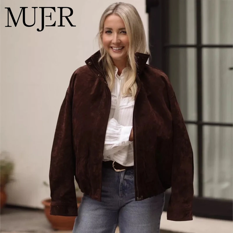 سترة MUJER من الجلد الصناعي من جلد الغزال سترات نسائية كبيرة الحجم بسحاب سترات للموسم الديمي للنساء معاطف ملابس خارجية جديدة