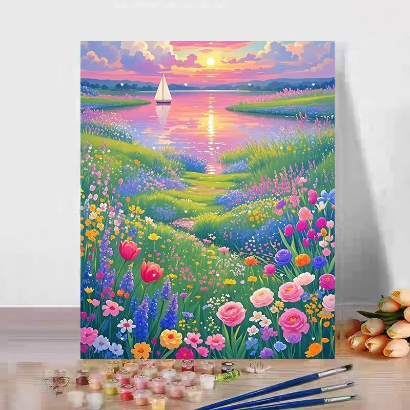 A-0174  Hand Painted Floral Landscape Oil Painting on Canvas, Sunflower Field Vintage Art, Wall Decor for Living Room, Gift for