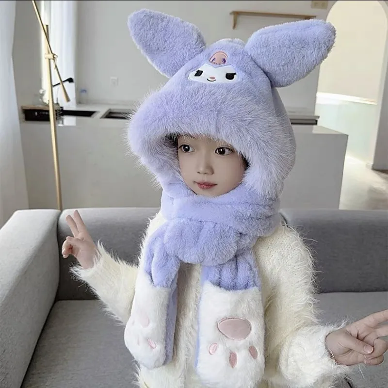 Cinnamoroll Kuromi Anime Kawaii Sanrio niños sombrero bufanda guantes One Winter Cute Pochacco Fleece Ear Protection Warm Cowl Gifts