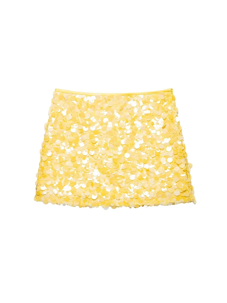 

KUCLUT Women Fashion With Sequined Yellow Side Zipper A-Line Mini Skirt Vintage High Waist Female Chic Lady Skirts
