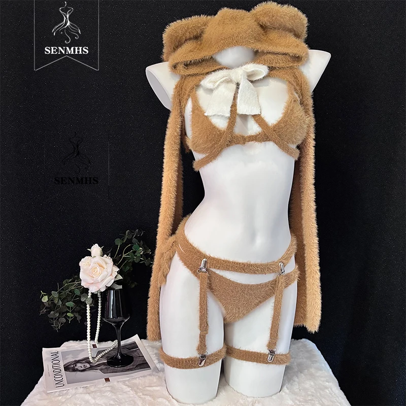 

SENMHS Original Cute Brown Bear Hooded Furry Sweater Outfits Cosplay Sexy Lingerie Bikini Top Stocking Gloves Halloween Pajamas