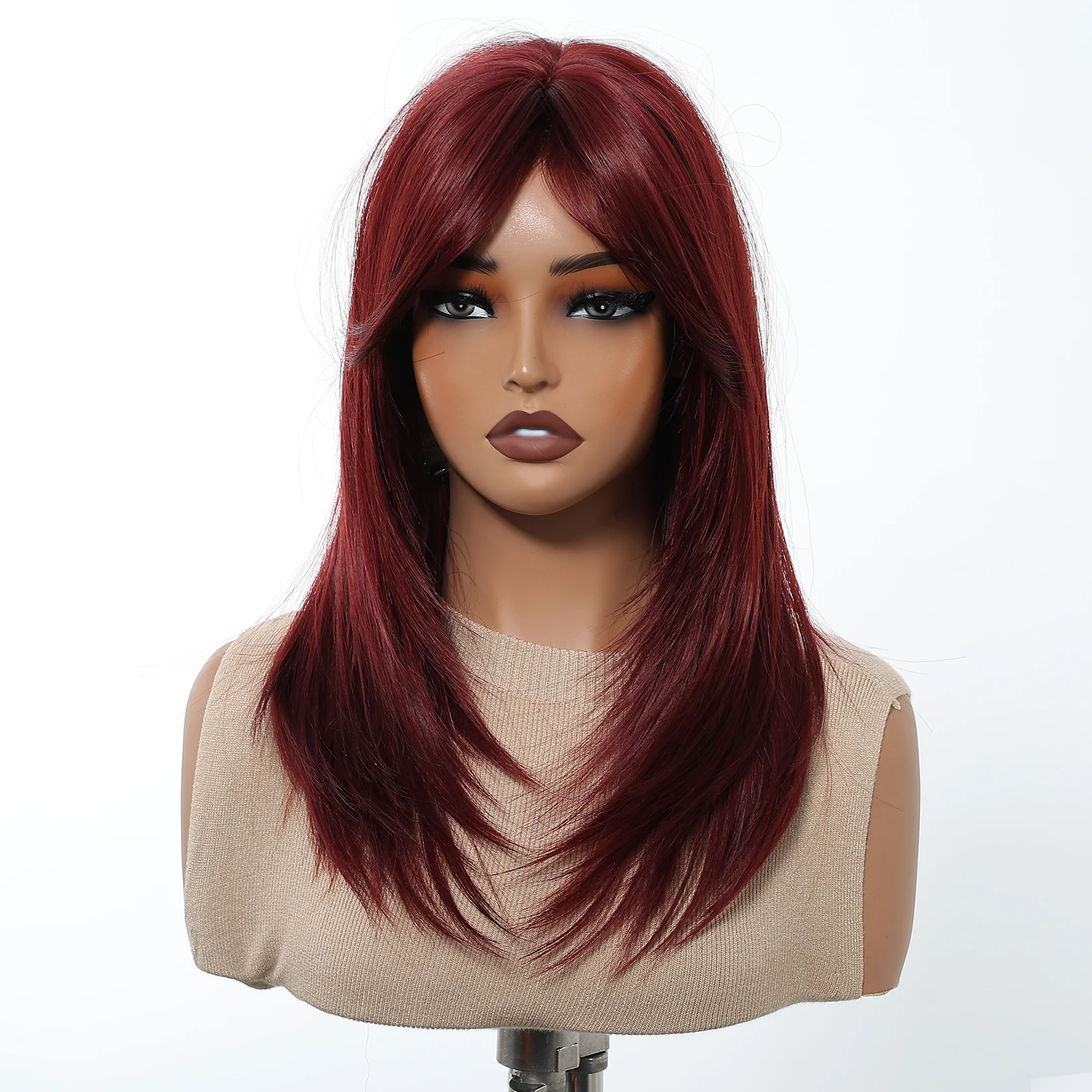 باروكات صناعية طويلة باللون الأحمر الخمري، شعر مستعار للحفلات التنكرية بطبقات مستقيمة يوميًا مع غرة للنساء، شعر طبيعي مقاوم للحرارة