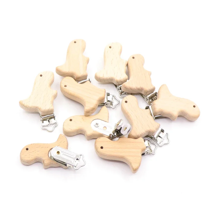 5pcs Woode Pacifier Baby Beech Wooden Animal Elephants Pacifier Metal Clips Holder Heart Pacifier Chain Teether Accessories