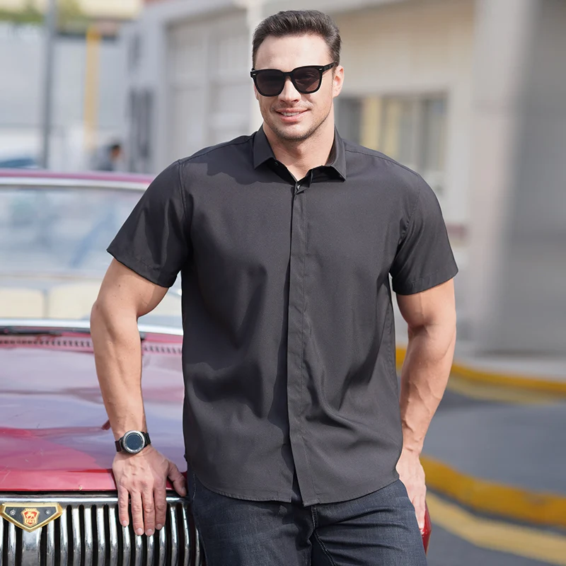 L-10XL Summer Solid Color Short sleeved Shirt for Men\'s Business Casual Ice Silk Quick Drying Casual Loose Extra Large Shirt