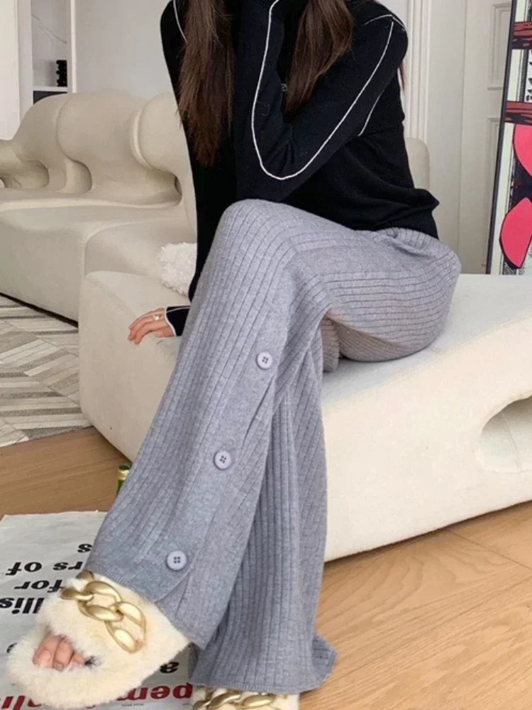 Knitted Split Button Wide Leg Pants Straight Casual High Waist Pants Keep Warm In Autumn Solid Loose Wool Cosy Woman Trousers