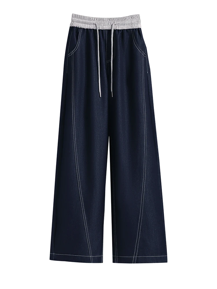 Vintage Drawstring Wide-leg Jeans Women's Summer Harajuku Trendy Student Straight-leg Trousers High Street Style Denim Pants