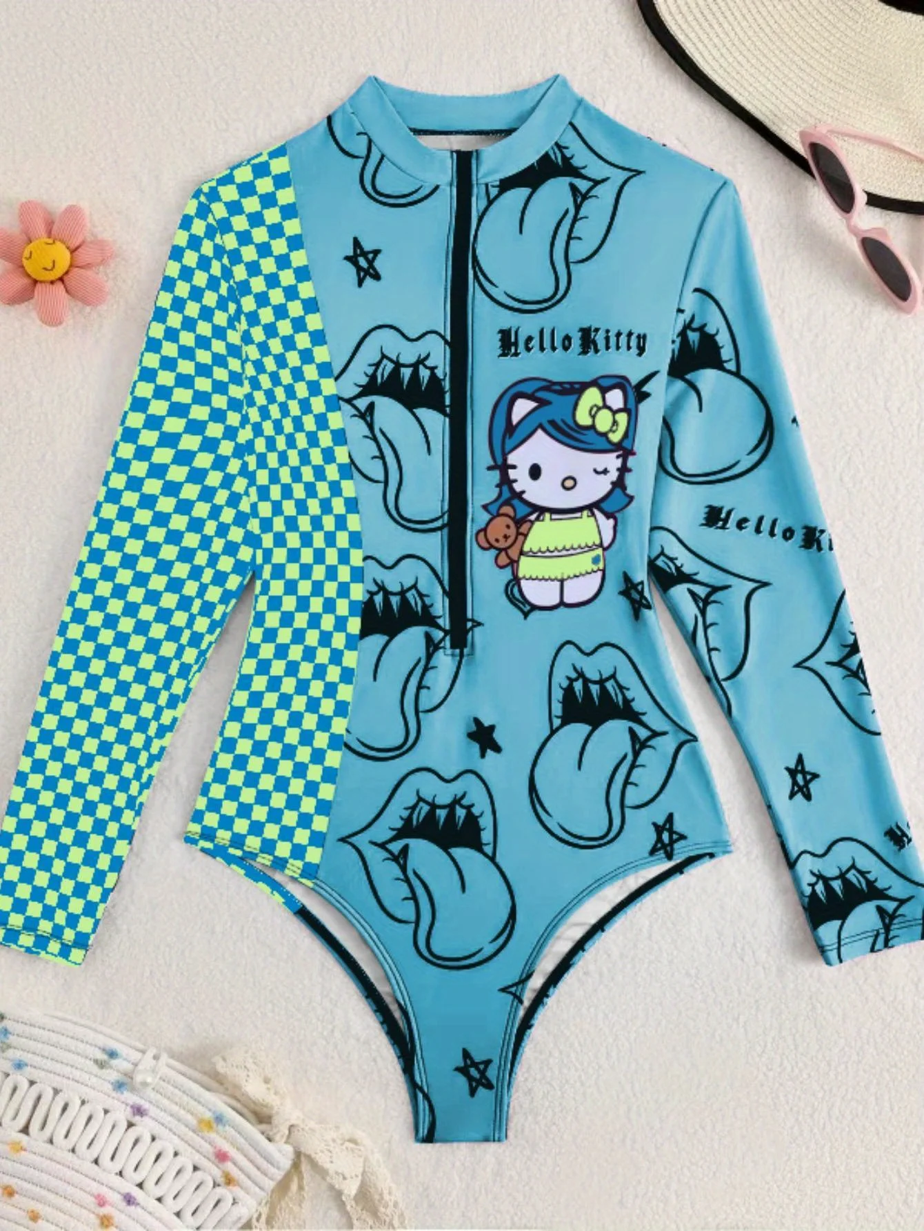 

Светло-голубой комплект бикини Hello Kitty для женщин: топ-бандо и плавки с завязками, в рубчик, для летнего пляжного отдыха