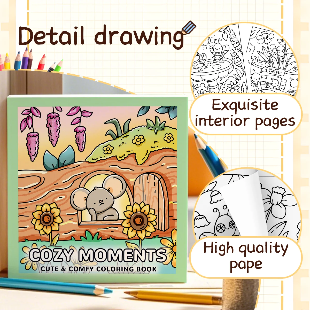 COZY MOMENTS Bold-Easyรูปแบบสมุดระบายสีสําหรับผู้ใหญ่สมุดวาดภาพน่ารักของขวัญภาพวาดที่สมบูรณ์แบบสําหรับงานปาร์ตี้และวันเกิด