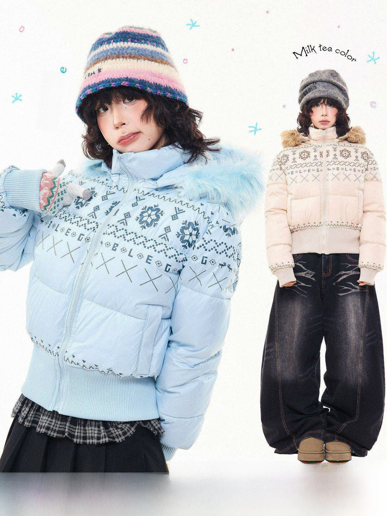 

MKGO American Retro Fair Isle Collar ort Cotton Jaet Women Winter Loose Thi Detachable Hooded Coat Straight Tube Print