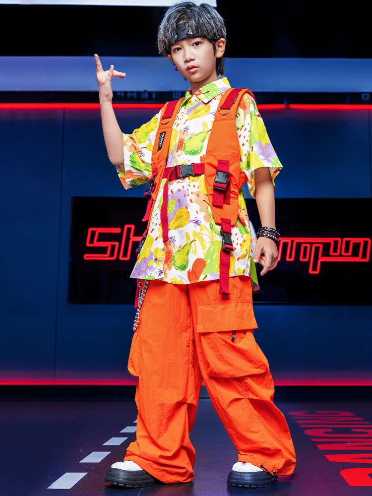 子供用KPOPヒップホップ服オレンジベストフルーツプリントシャツトップカジュアルパラシュートカーゴパンツ女の子男の子ジャズダンスコスチューム服