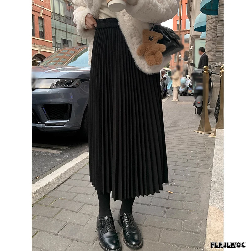 2024 Long Skirts Women Fashion Preppy Style Girls Cute Sweet A Line Skirt Black White Elastic Waist High Pleated Skirt