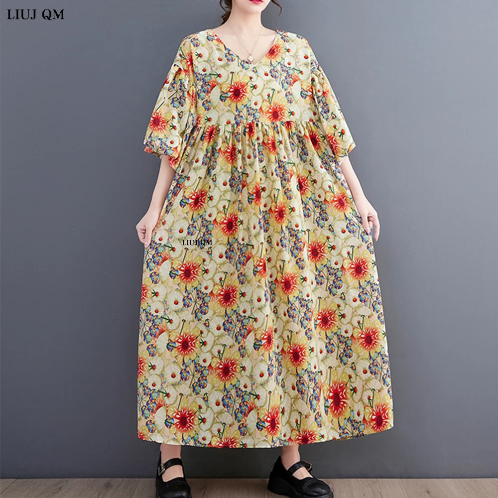 Vestido de verano de manga tres cuartos para mujer, vestido holgado con estampado Vintage, cuello en V, talla grande, 2023